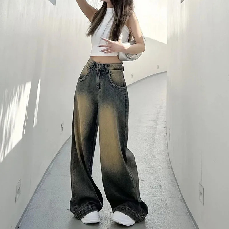 Autumn Winter Fleece Jean Vintage Baggy High Waist Straight Denim Pants Female Streetwear Gradient Old Y2K Trousers 241007