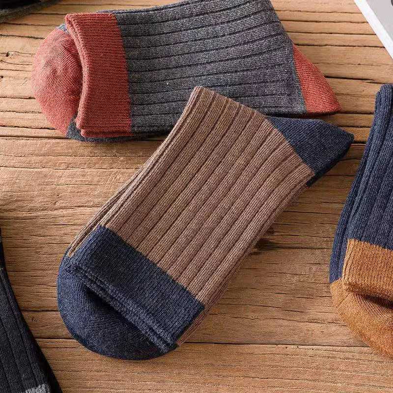 5 Pairs Autumn Winter Men Thickened Warm Socks High Quality Versatile Vintage Warm Comfortable Striped Mid Tube Sports SocksXJ241019