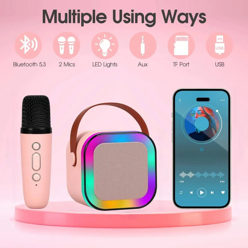 K12 Karaoke Machine with 1-2 Wireless Microphone Portable 5.3 PA Bluetooth Ser System RGB Light Audio Home KTV Childrens Gift 241019 ww