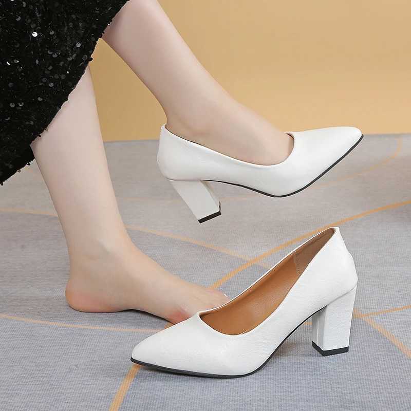 7.5cm Plus size 35-40 basic pump toe high-heeled boat shoes womens dress shoes light white wedding shoes black Y241019