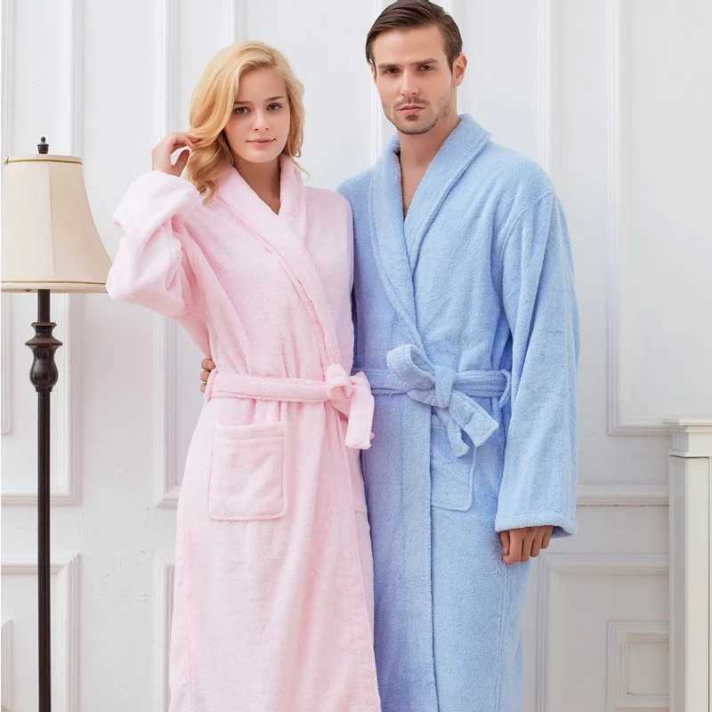 Winter Thickening Cotton Bathrobe Man Towel Fleece Robe Lengthen XXL Plus Size Long-Sleeve Sleepwear Lovers Homewear AutumnXJ241018