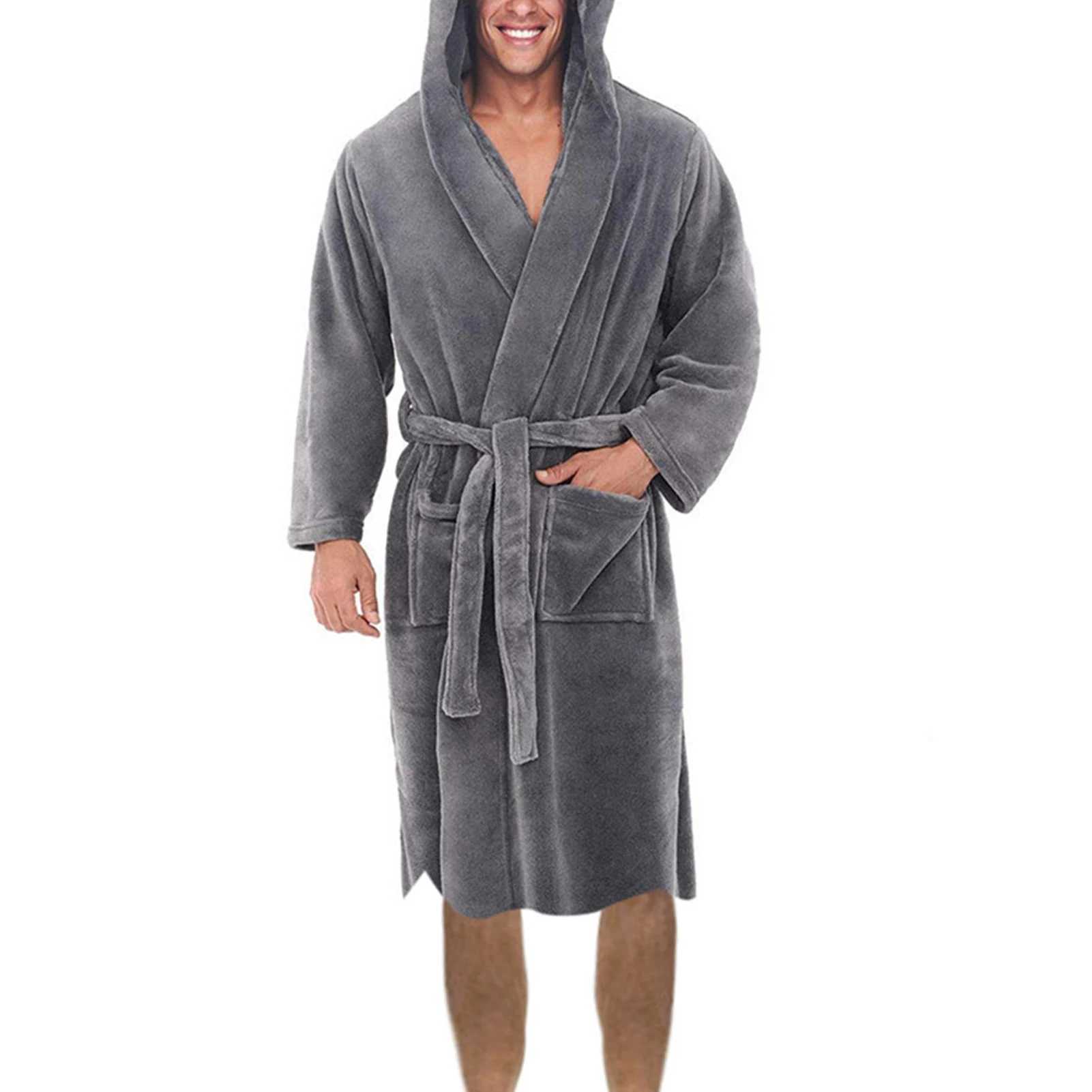 Men Nightgown Comfortable Soft Men Coral Fleece Long Bath Robe Waist Lace-up Ankle Length Men Bathrobe for Daily LifeXJ241018
