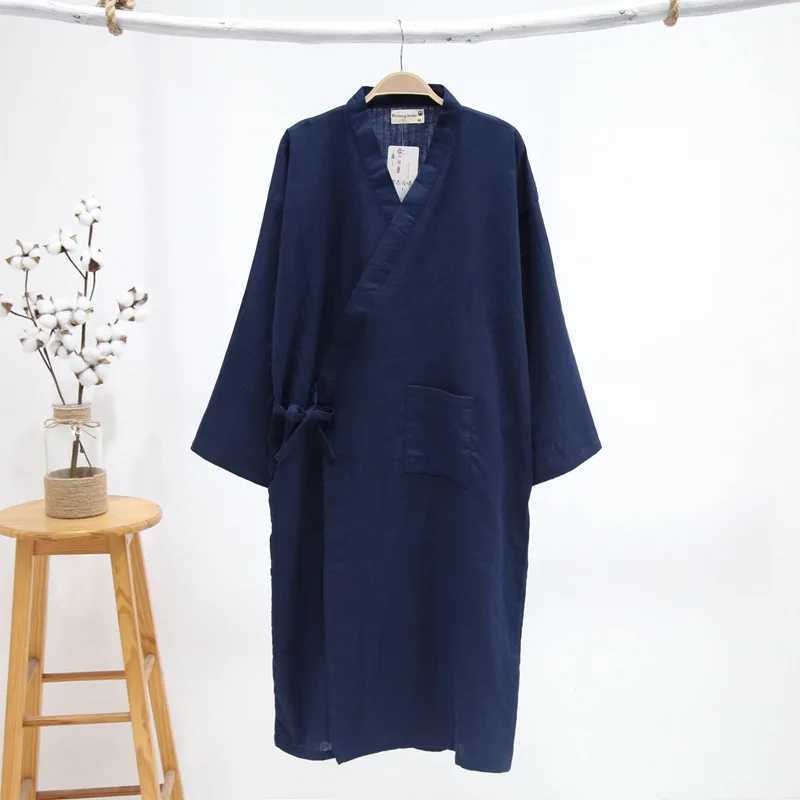 New Mens Cotton Yarn Sleeping Gown Thin Summer Cotton Kimono Bathrobe Mens Robes Long Bath Robe Loose Leisure NightgownXJ241018