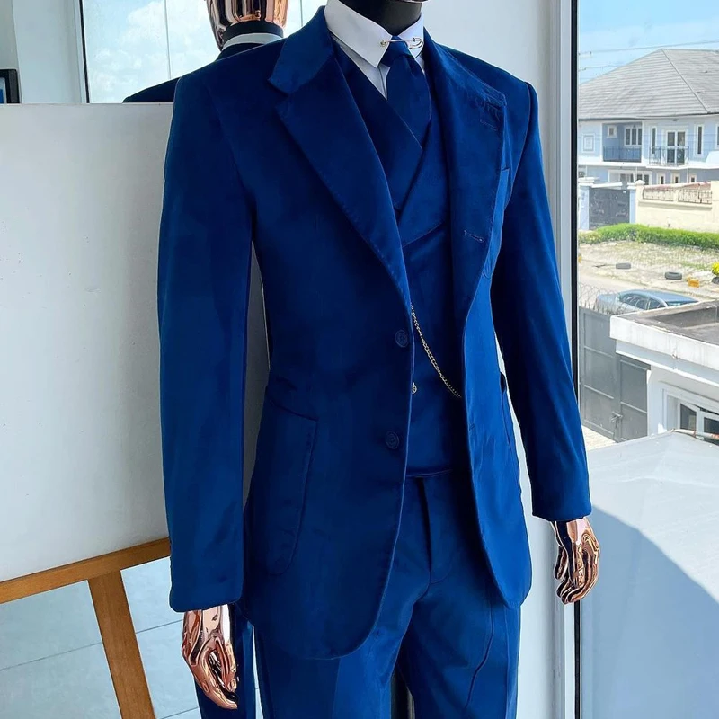 Velvet Men Suits for Wedding Slim Fit Custom Groom Tuxedo 3 Piece Royal Blue Formal Jacket Vest with Pants Male Fashion Costume