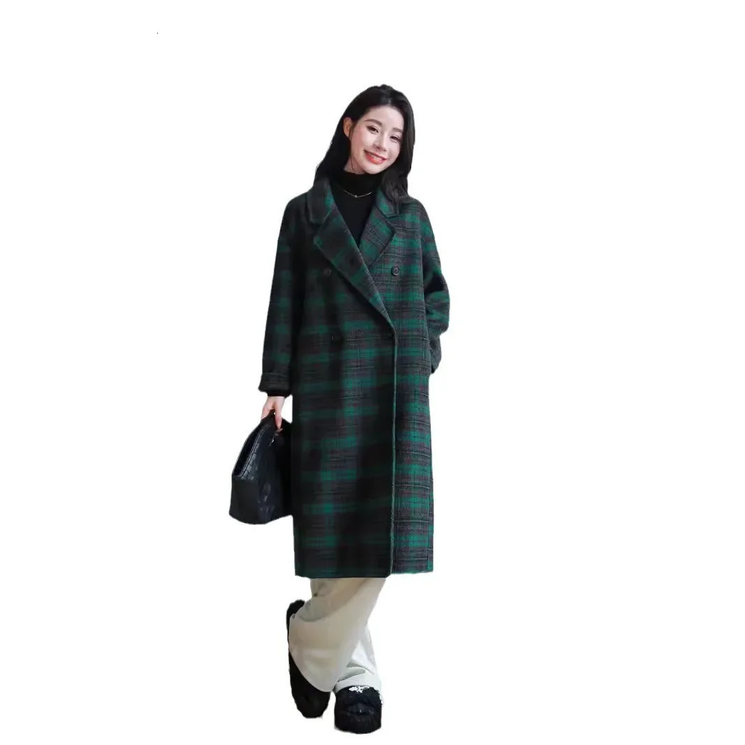 Green plain double-sided wool coat for women autumn and winter mid length knee simple plain wool coat free delivery 241019