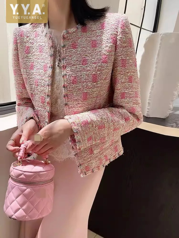 Women Pink Tweed Jacket Fashion Elegant ONeck Spring Autumn Short Coat Long Sleeve Slim Fit Outerwear Office Ladies Jackets 241019