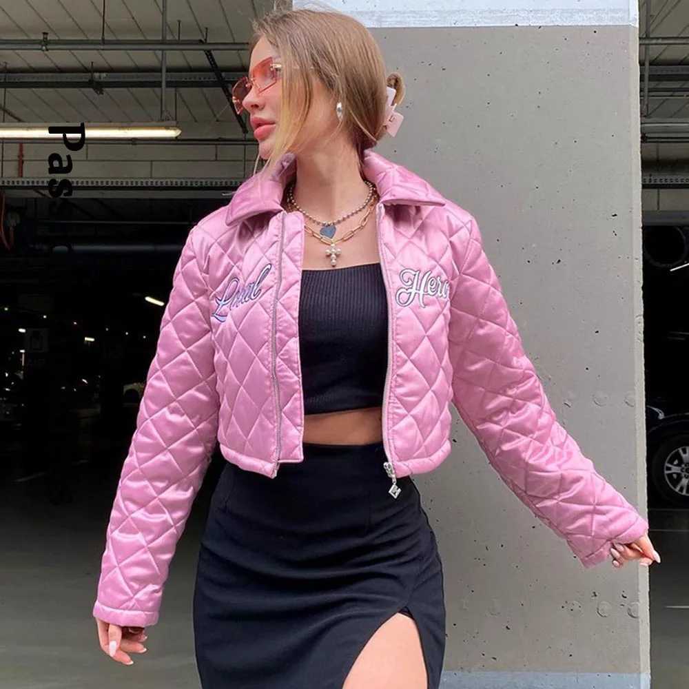 Women's Down Parkas Autumn Y2K Style Women Satin Check Jackets Letter Embroidery Turn Down Collar Outwear Coats Swt Cool Mujer Crop Jacket Y24101