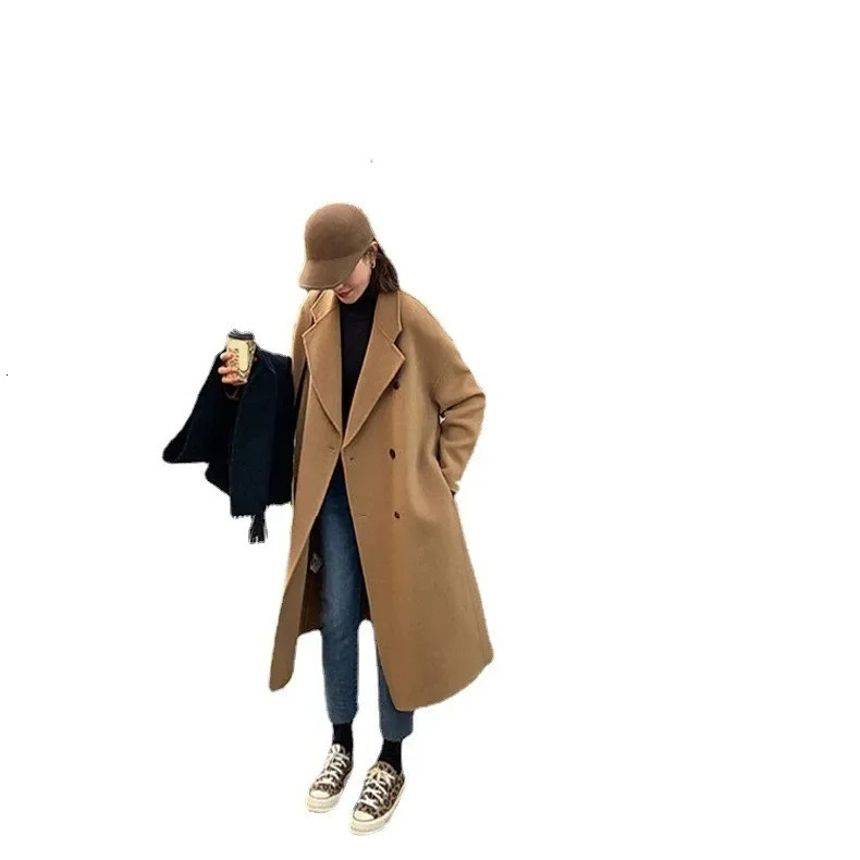 Womens camel cashmere coat long jacket double row buttons autumn and winter fashionable wool jacket 241019