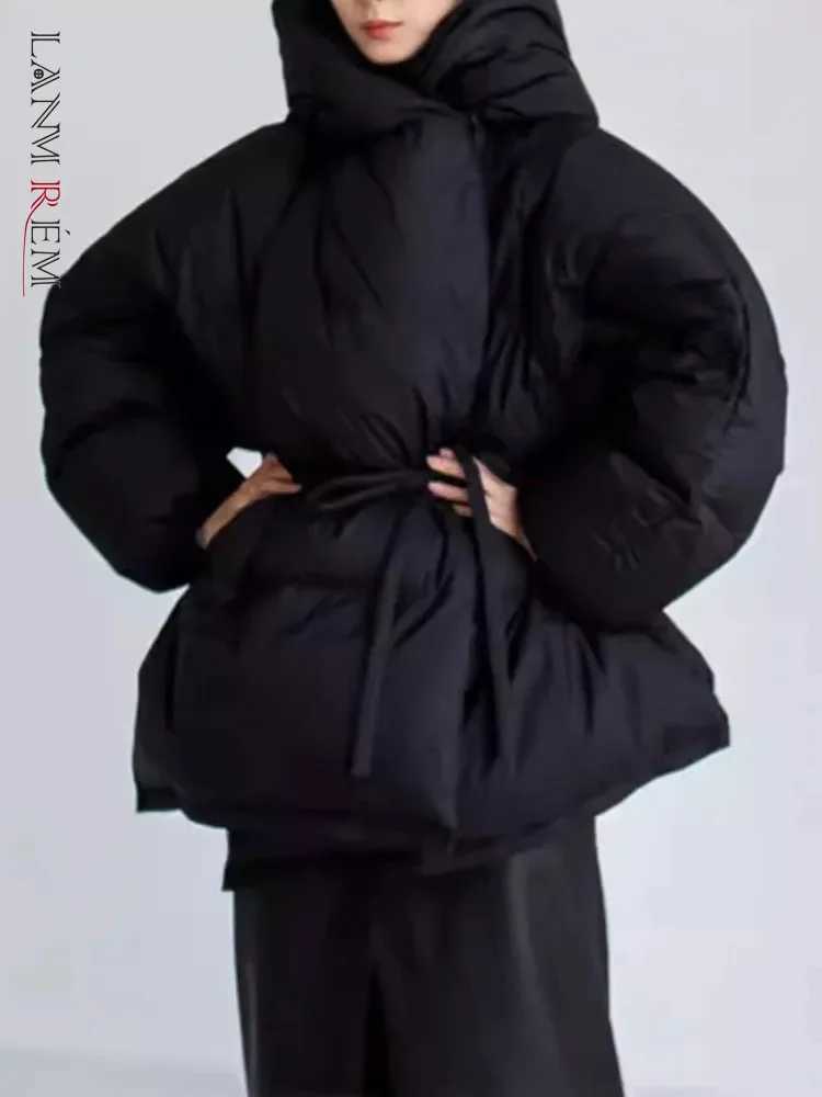 Women's Down Parkas Lanmrem high-end black winter jacket womens hooded belt gathered waist warm jacket 2024 new clothing 2AA4243 Y241019MERY