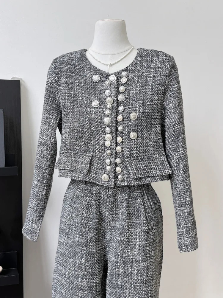 High Quality Tweed Two Piece Set Women Jacket Coat Pant Suits Fashion Casual 2 Sets Outfit Conjunto Femininos 241019