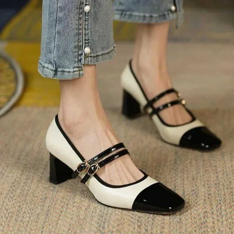 Womens mixed color pump double button Mary Janes shoes black toe high-heeled dress shoes patch work zapatillas mujer tacon Y241019