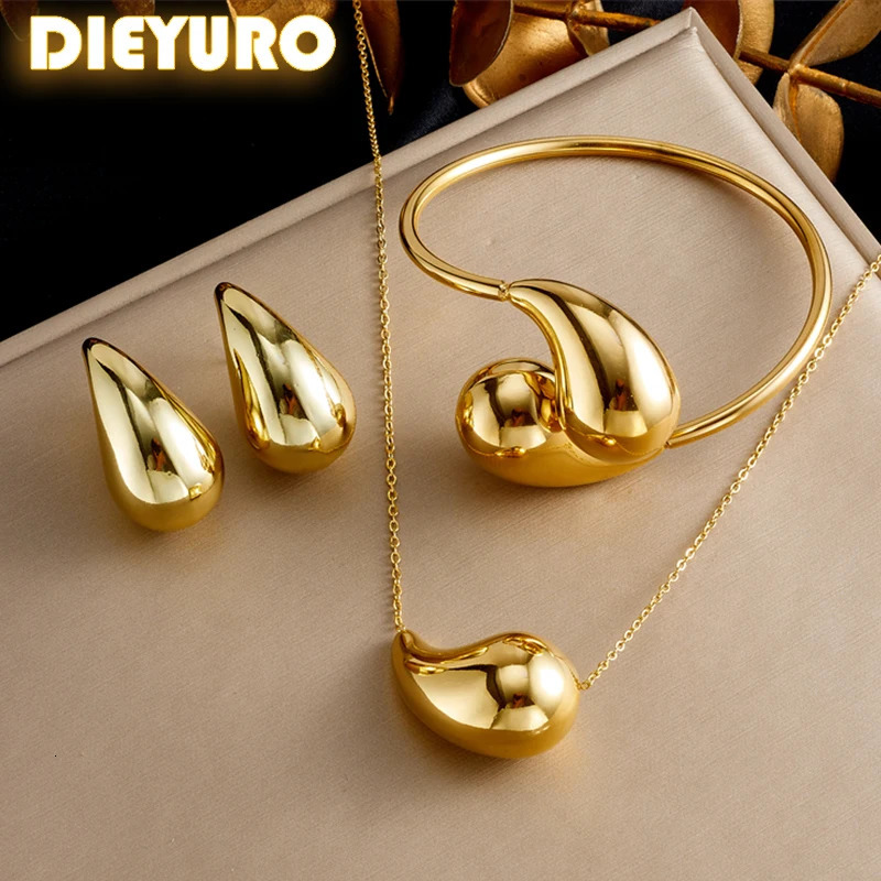 DIEYURO 316L stainless steel gold droplet necklace bracelet earring set for women 2024 trend non fading jewelry set 241018