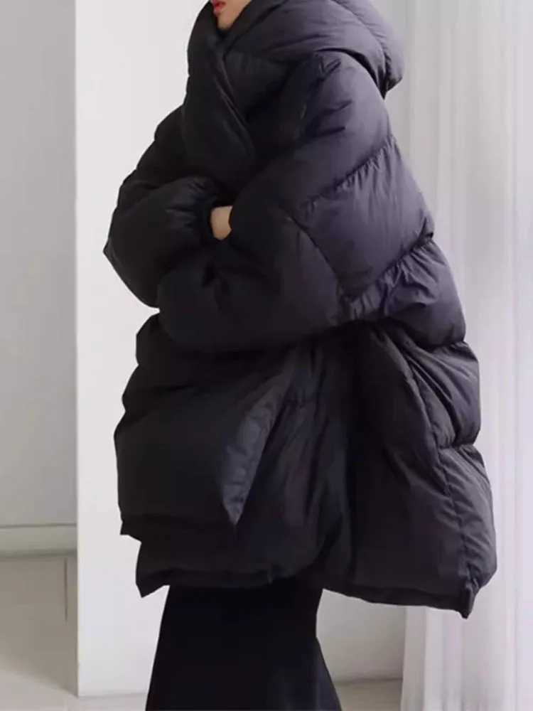 Women's Down Parkas Lanmrem high-end black winter jacket womens hooded belt gathered waist warm jacket 2024 new clothing 2AA4243 Y241019MERY