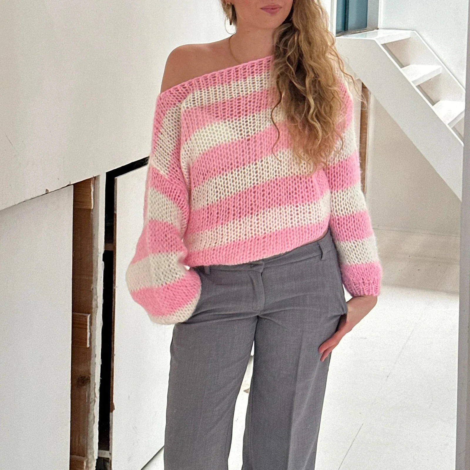 Women Y2k Oversized Striped Sweater Color Block Crew Neck Long Sleeve Pullover Jumpers Cute Retro Preppy Streetwear 241010
