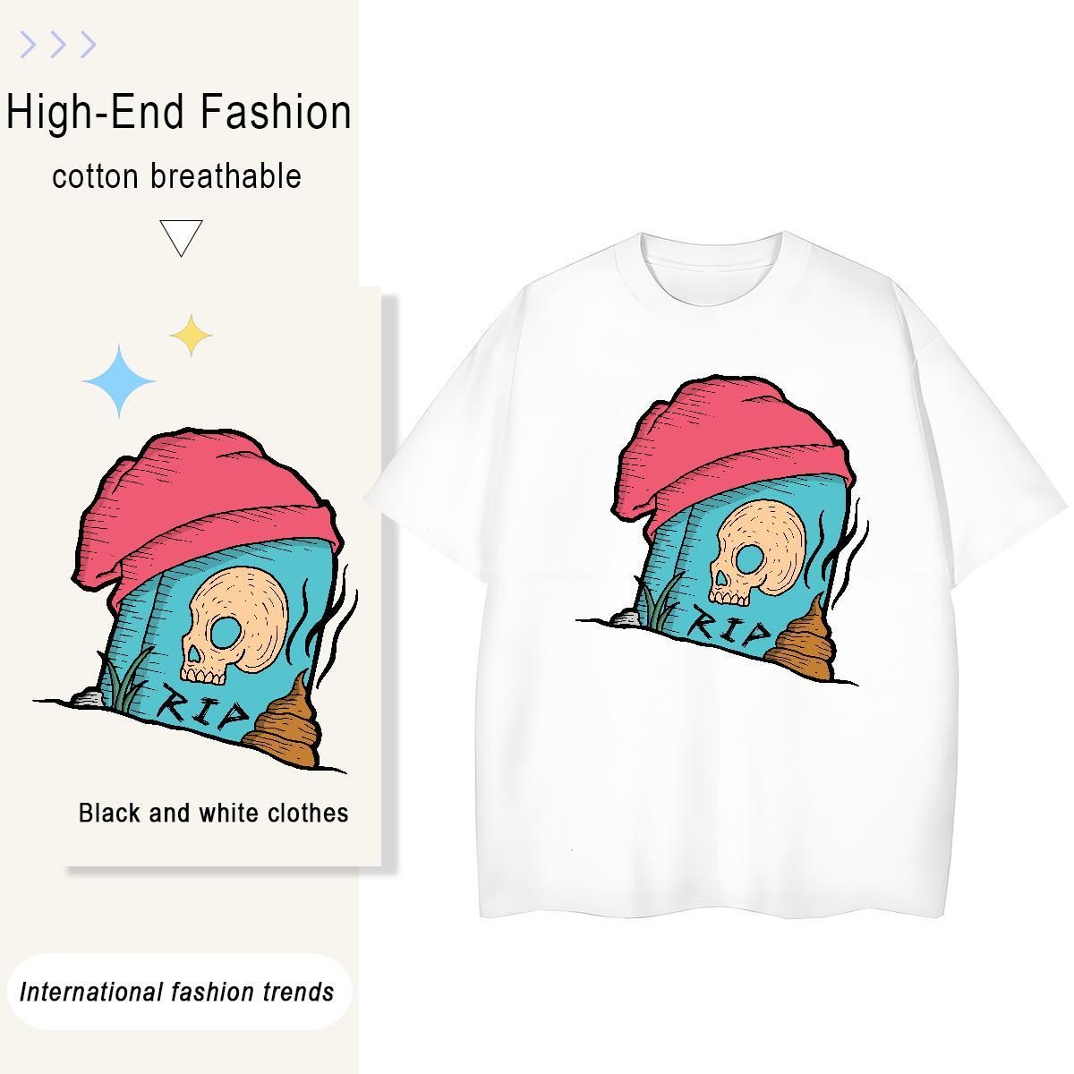 Classic T-Shirts for Women 230g Cotton Breathable Crew Neck Hip Hop Street skull Unisex Tshirts Brand Black White Polos