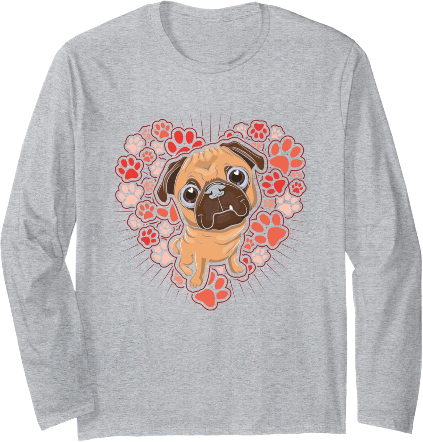Long Sleeve Shirts for Men sweatshirt Lovely Pug Dog In Heart Shape Paws Puppy Doggies Lovers Gift Long Sleeve Streetwear
