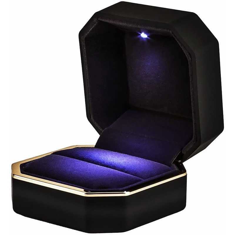 New Double Ring Box Wedding Square Velvet Ring Box Organizer Jewelry Gift Box with LED Light for Suggested Engagement Ring Box W241019