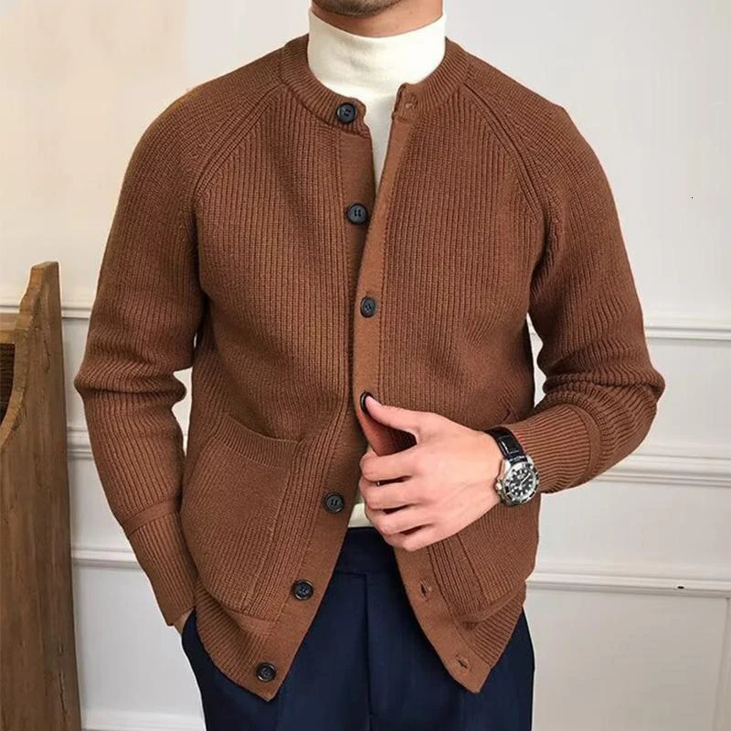 Vintage Buttoned Crew Neck Sweater Mens Cardigans Solid Color Long Sleeve Casual Knitted Jackets For Men Fall Winter Sweaters 241007