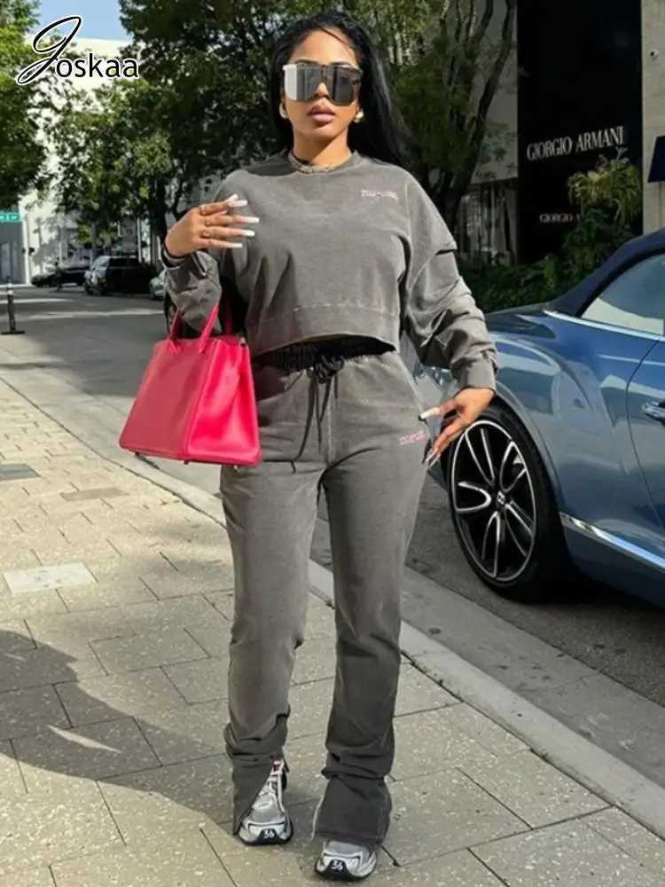 Women's Two Piece Pants Joskaa Letter Embroidery 2-piece Womens Casual Long Sleve Crop Hoodie and Sweatpants Match Fitness Track and Field Clothe