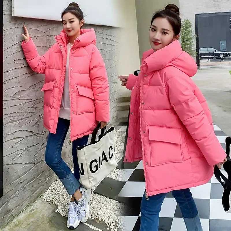 Womens jacket winter cotton-padded warm coat 2023 fashion long pocket hooded parka South Korea loose womens wearX241019