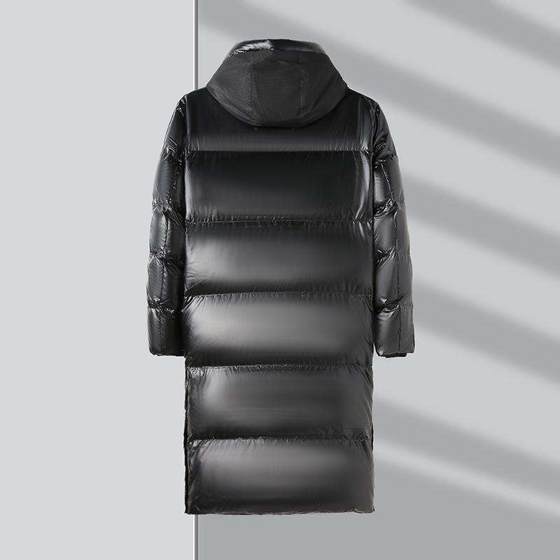 Black Mid Length Warm White Duck Jacket Men's Winter Hooded Bright Long Puffer Coats Outwear High-End Thick Top Down Parkas