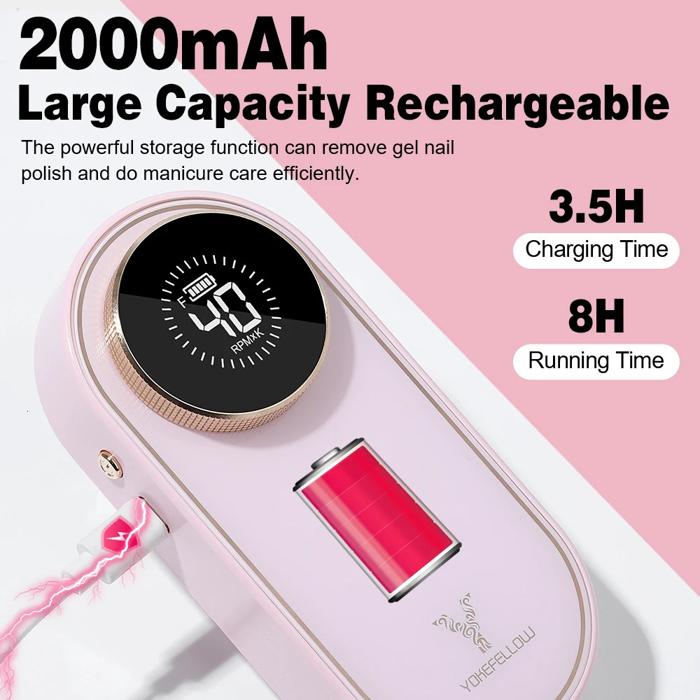 YOKEFELLOW portable 40000 RPM nail drill rechargeable electric nail drill with 12 acrylic gel nail drills 241007