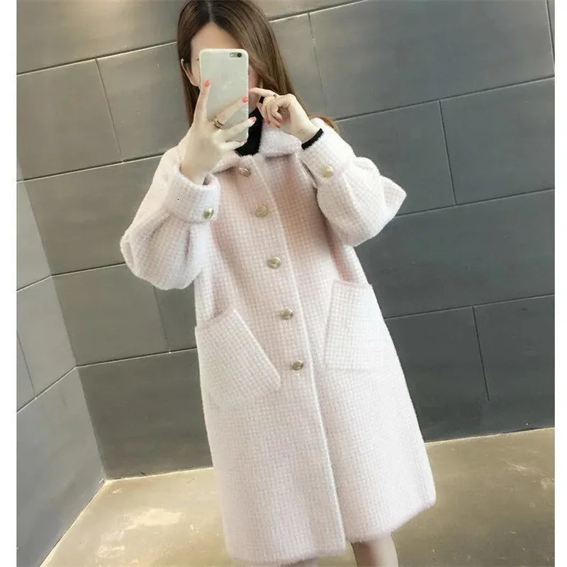 Autumn and winter mink knitted cardigan wool womens sweater medium long thick loose coat wool plain weave large coat 241019