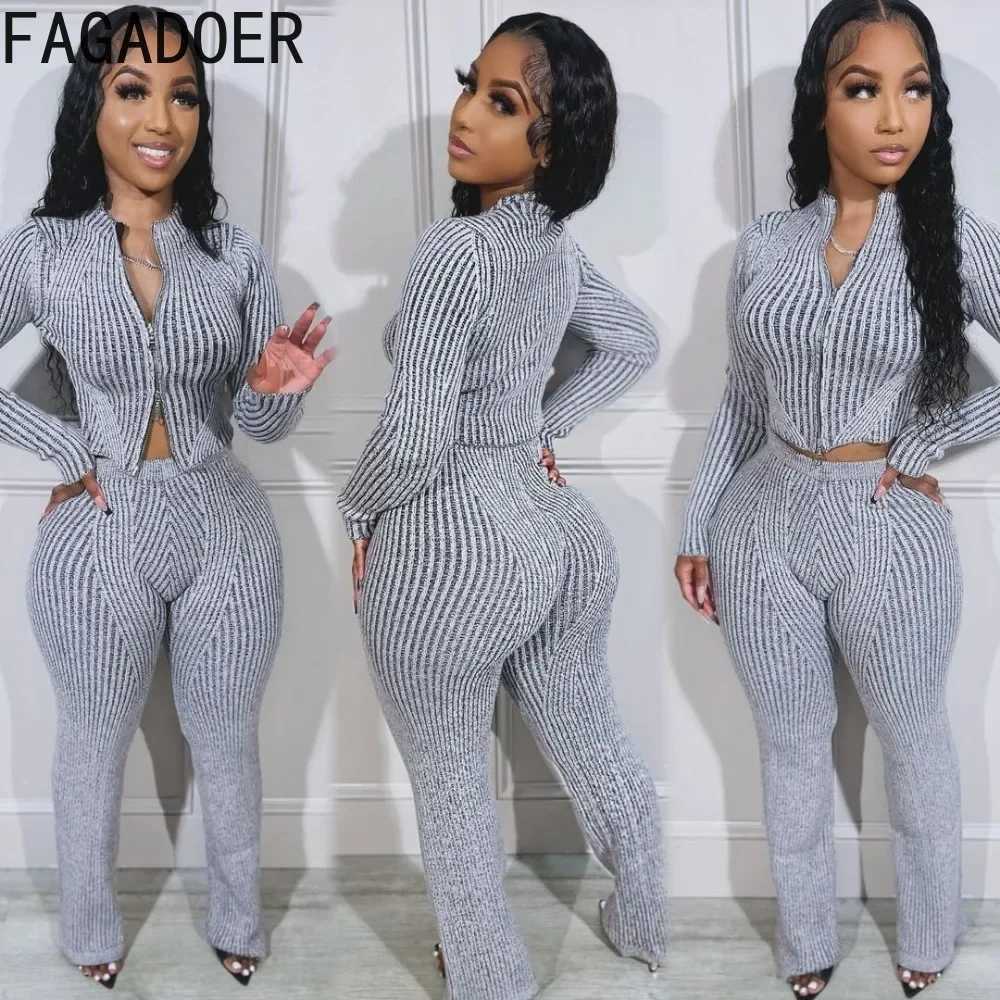 Women's Two Piece Pants FAGADOER autumn new knitted casual 2-piece set womens solid zipper ultra-thin crop top and Flare pants set womens clothin