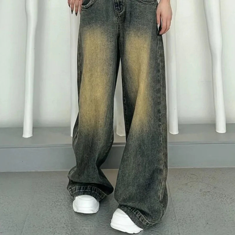 Autumn Winter Fleece Jean Vintage Baggy High Waist Straight Denim Pants Female Streetwear Gradient Old Y2K Trousers 241007