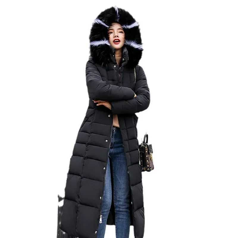 Long Down Cotton Parkas Coat Female New Winter Over Knee Loose Large Fur Collar Hooded Warm Thick Parkas Women Padded OvercoatX241019