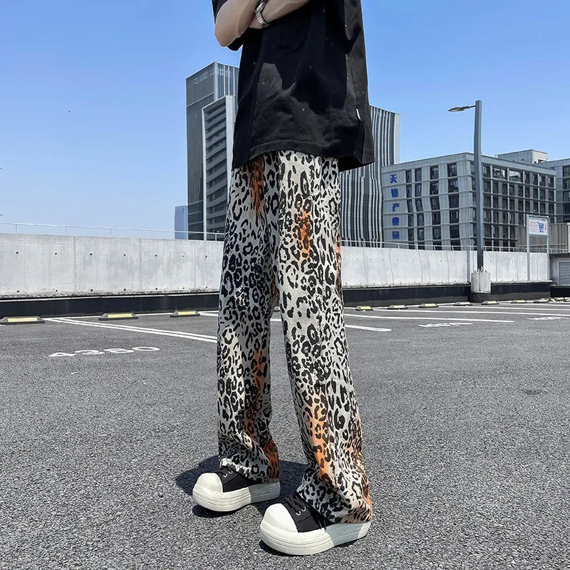 OIMG Y2K Fashion Tie Dye Leopard Bag Jeans Mens Straight Gothic Pants Pantalones Hombre 241019