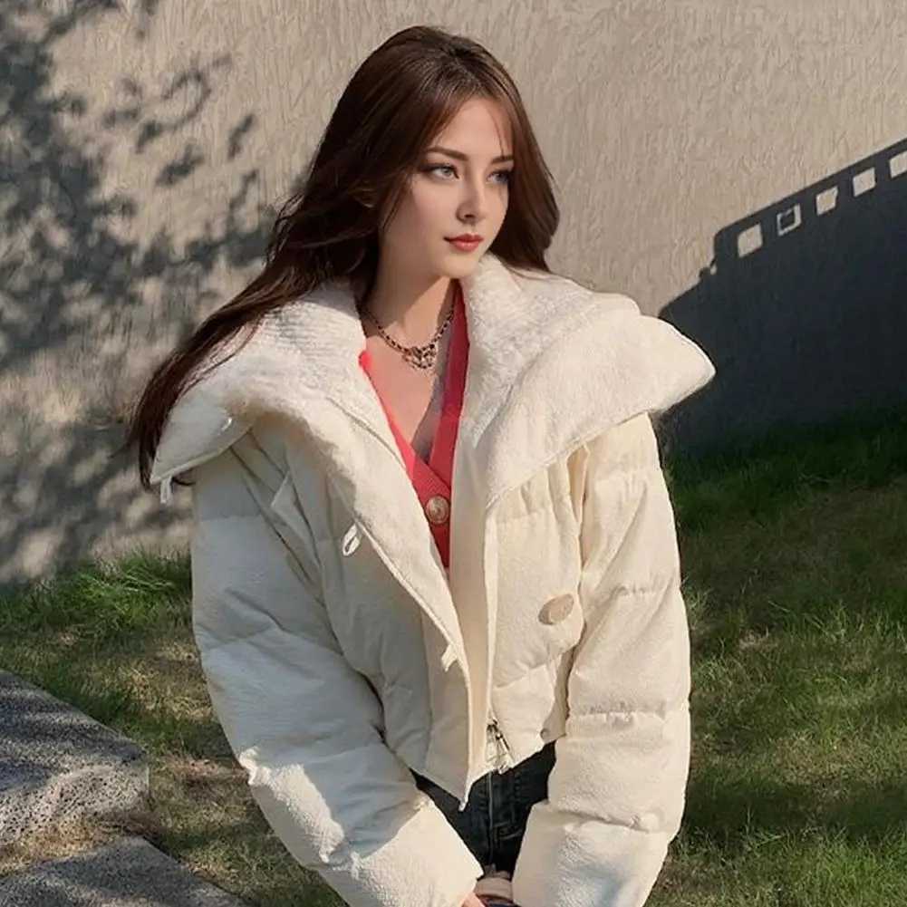 Women's Down Parkas 2024 Korean Chic Knitted Collar Autumn Winter Coat Womens Thick Cotton Jacket Loose Parka Warm Cotton Lining Jacket Short Coa