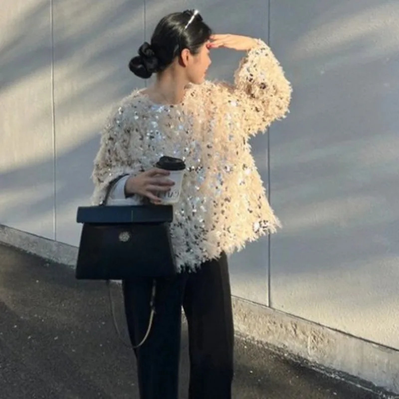 Neploe Heavy Sequin Tassel Sweaters Female Autumn Oneck Loose Tops Women Y2k Fashion Long Sleeve Knitted Pullover 241010