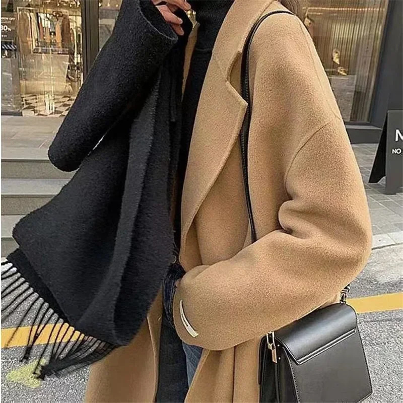 Womens camel cashmere coat long jacket double row buttons autumn and winter fashionable wool jacket 241019