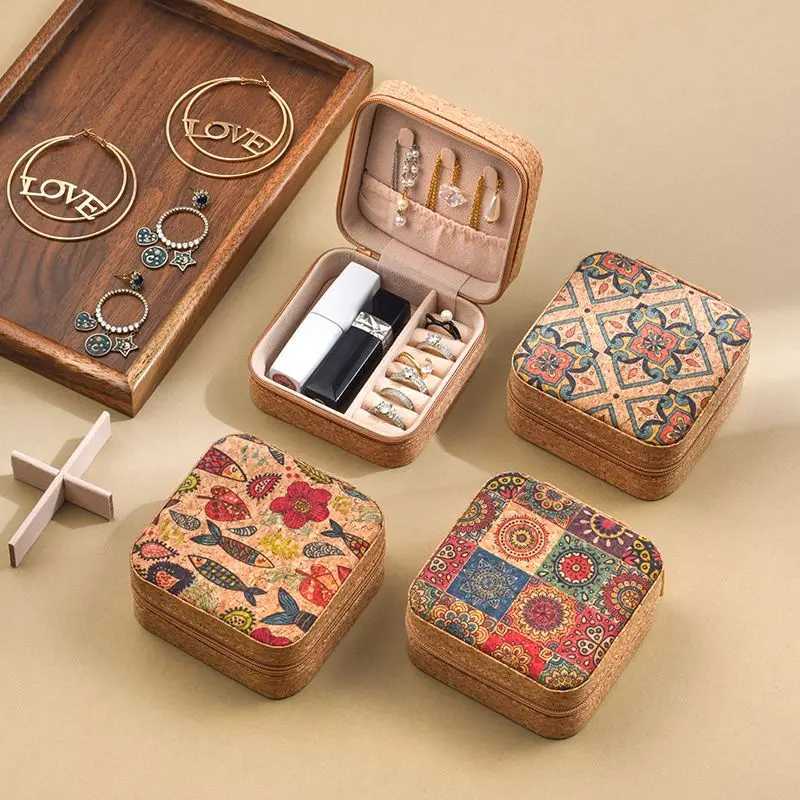 Cork patterned jewelry box with fashionable retro style portable travel jewelry storage display rings necklaces earrings W241019