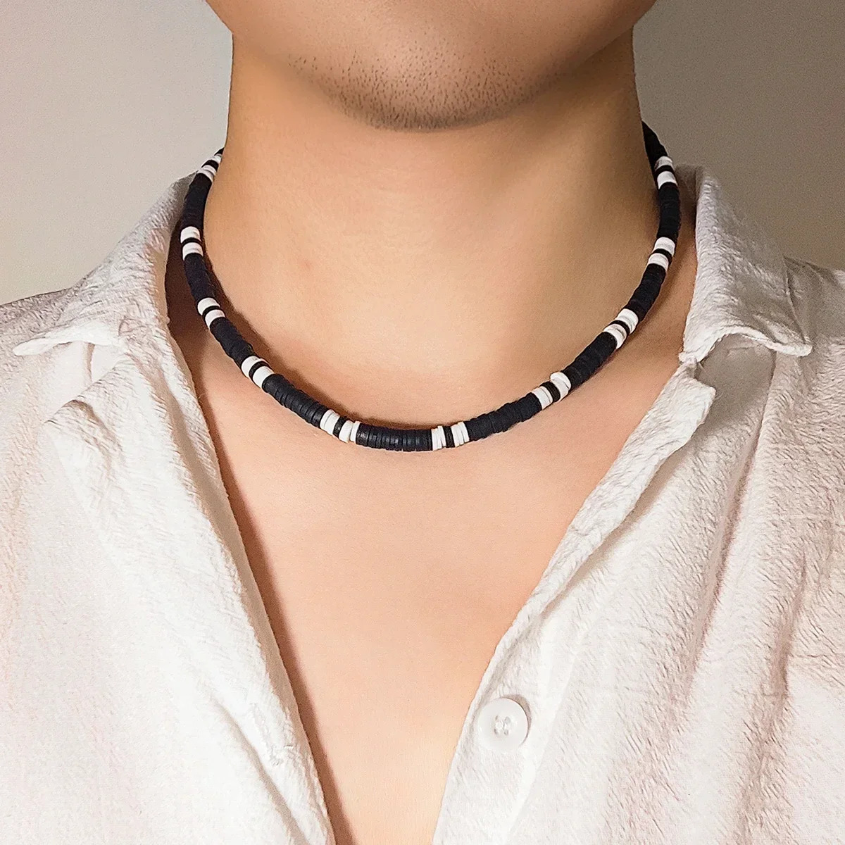 Hip hop black and white polymer clay bead mens necklace handmade necklace simple jewelry necklace boy party 241018