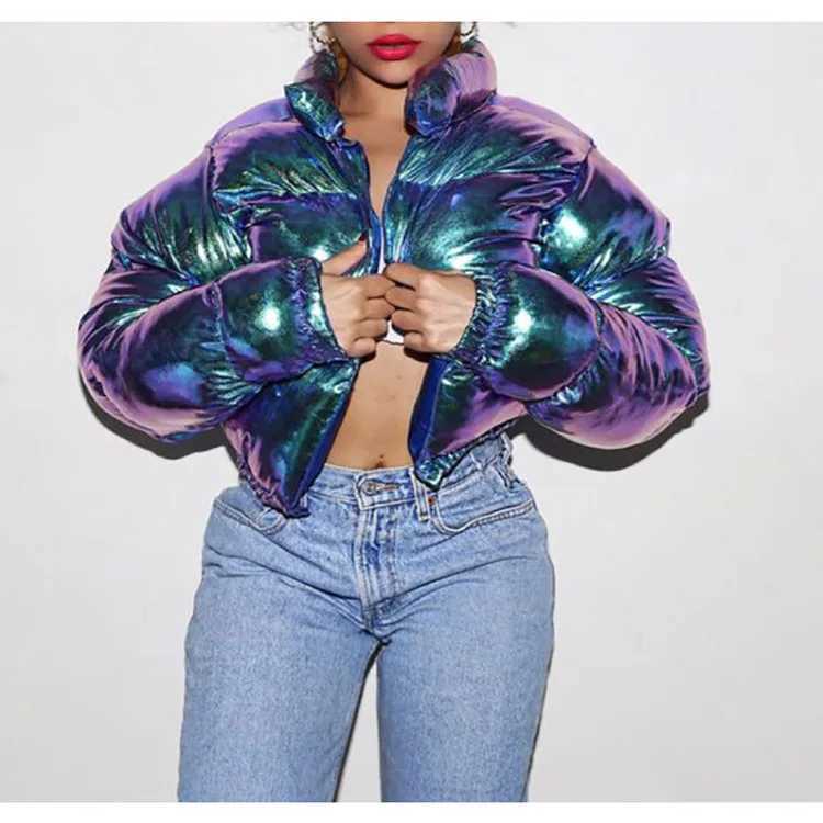 Women's Down Parkas Puloru Winter Womens Inflatable Jacket Long Sleve Zipper Upright Collar Cutting Bubble Coat Shiny Metal Quilted Park Y241019S