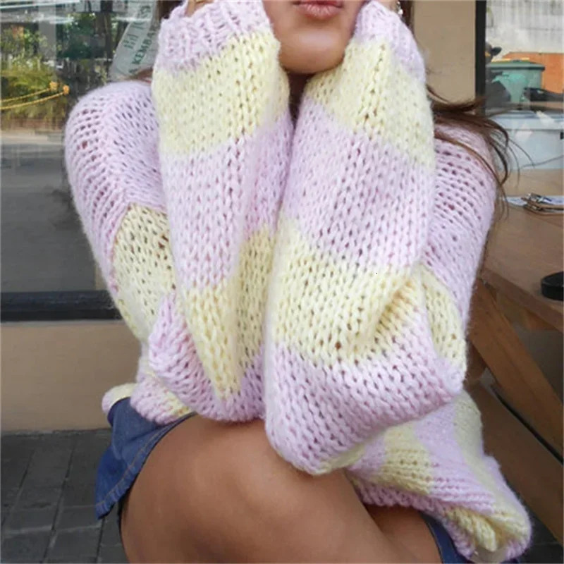 Y2k Crochet Knit Stripe Jumper Women White and Blue Sweater Loose O Neck Long Sleeve Pullover Tops 2024 Autumn Winter Streetwear 241010