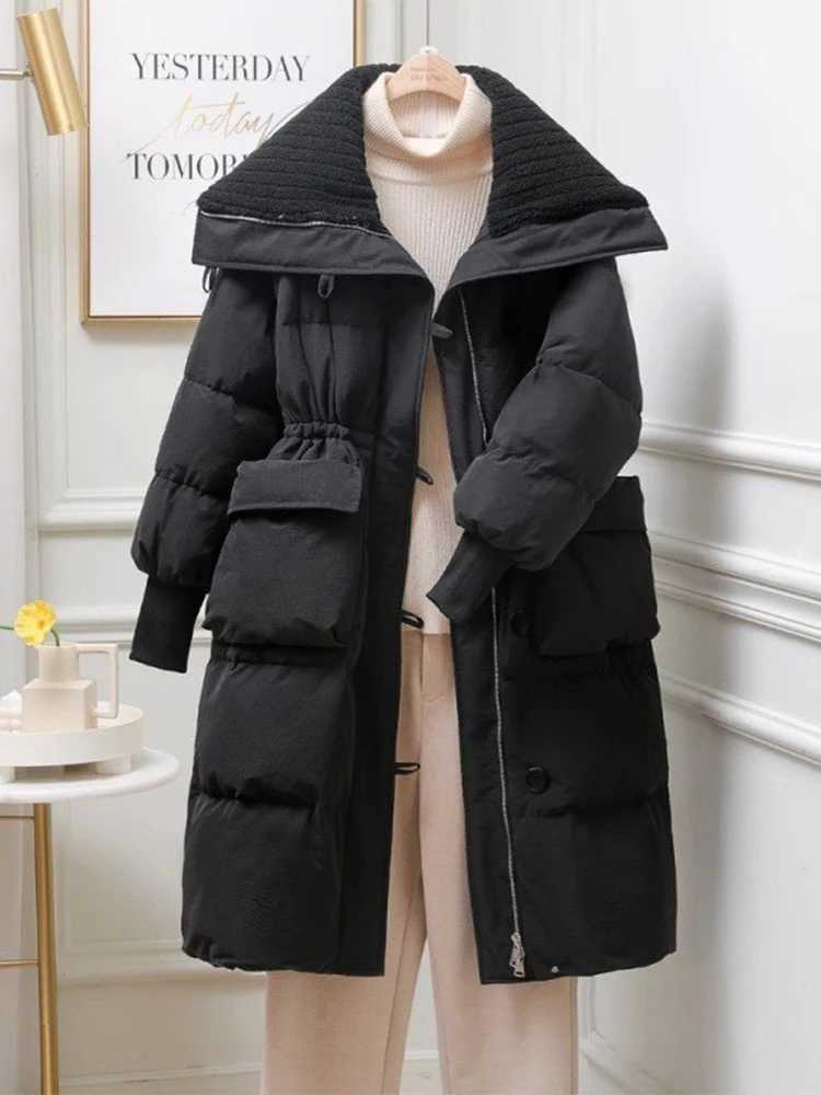Winter Down Cotton Mid-length Jackets Coats Lapel New Elastic Waist Abrigo Korea Casual Chaqueta Tops Elegant Women Warm CasacoX241019