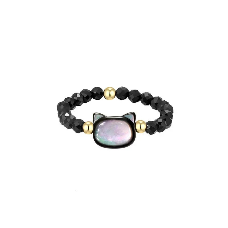 Fashion Natural Moonstone Obsidian Rings Minimalist Handmade Cute Black White Cat Bead Ring Women Party Accessories Jewelry Gift 241010