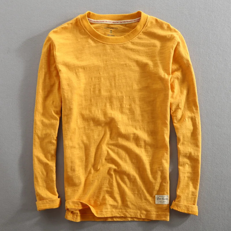 Mens retro solid bamboo cotton long sleeved T-shirt mens O-neck casual thin T-shirt 241018
