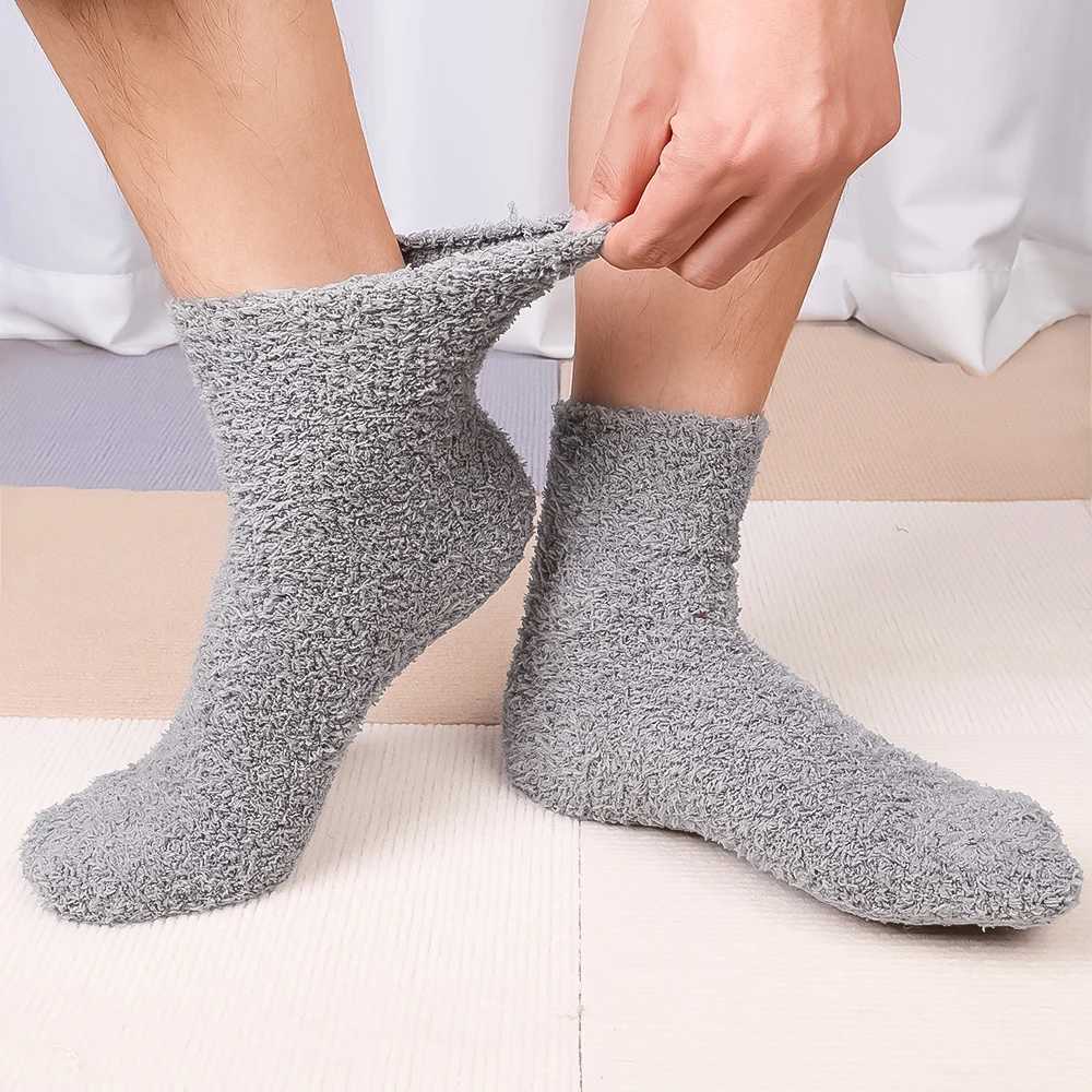 Wen Winter Warm Thicken Socks Fashion Coral Fleece Fluffy Solid Color Loose Sleep Male Bed Short Socks Calcetines Good QualityXJ241019