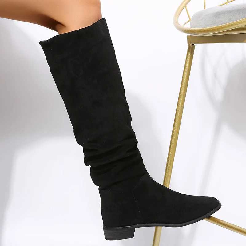 Womens pleated knee high boots autumn new item plus size thick high heels womens outdoor casual womens shoes Y241019