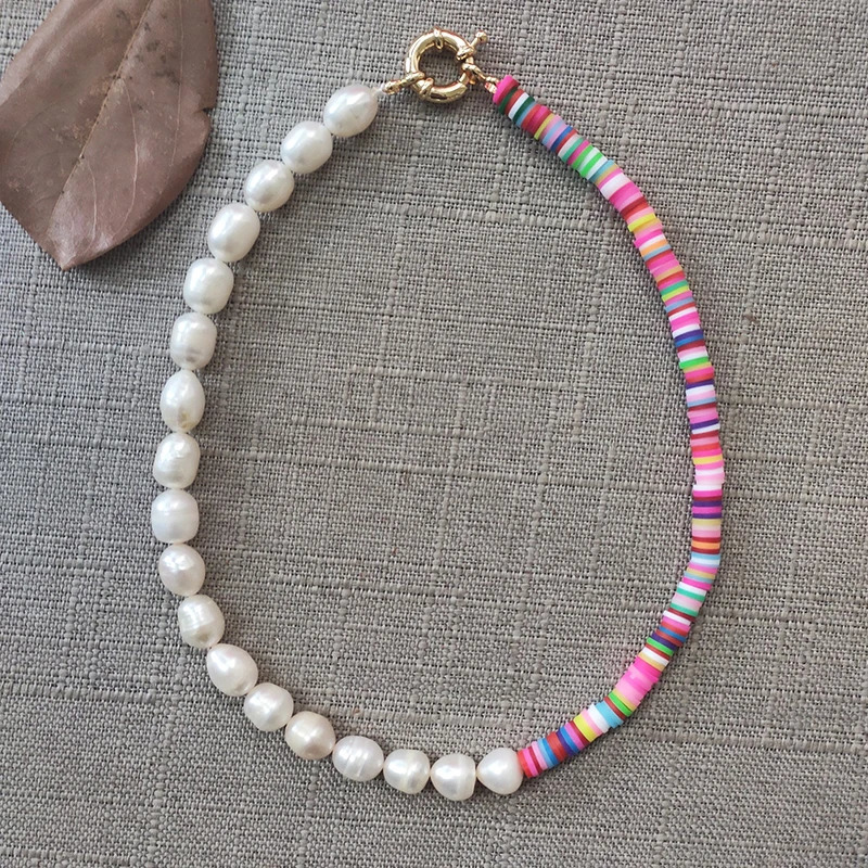 Womens Summer Fashion Pearl Necklace Unique Splicing Design Bohemian Style Colorful Polymer Clay Jewelry Necklace Gift for Friends 241018