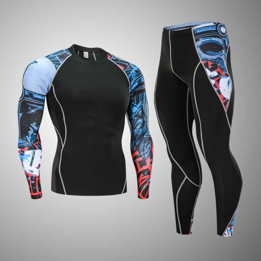 Quick drying 2-piece/set mens rash guard mens MMA compression clothing mens long sleeved T-shirt+tight fitting mens clothing W241018