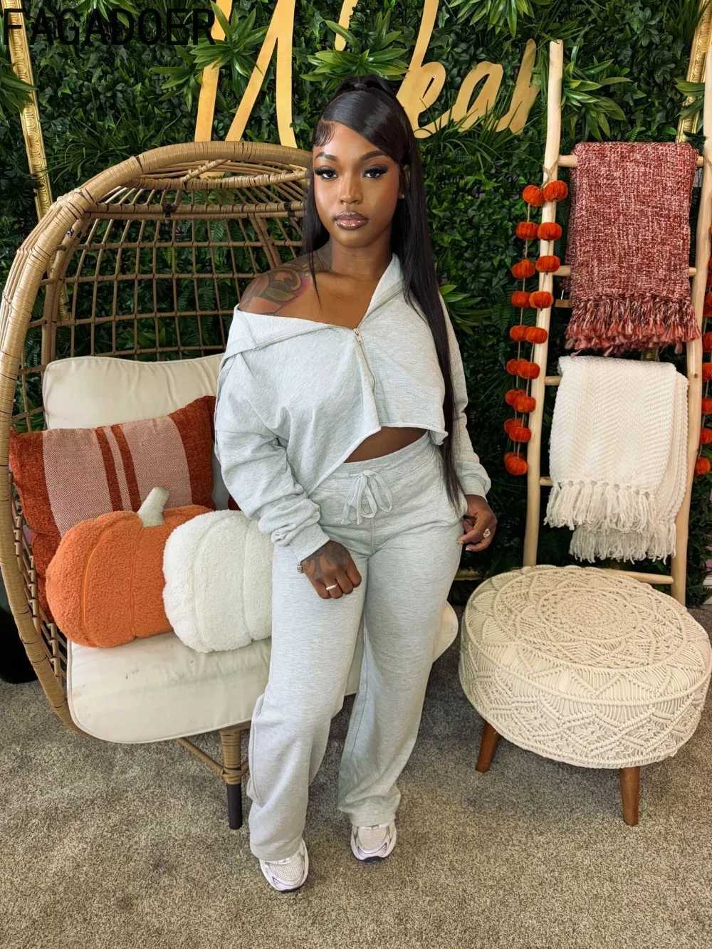 Women's Two Piece Pants FAGADOER Womens 2024 Autumn 2-piece Casual Long Sleve Zipper Hoodie Coat and Sweatpants Set Y2k Strt Sportswear Y241019CC