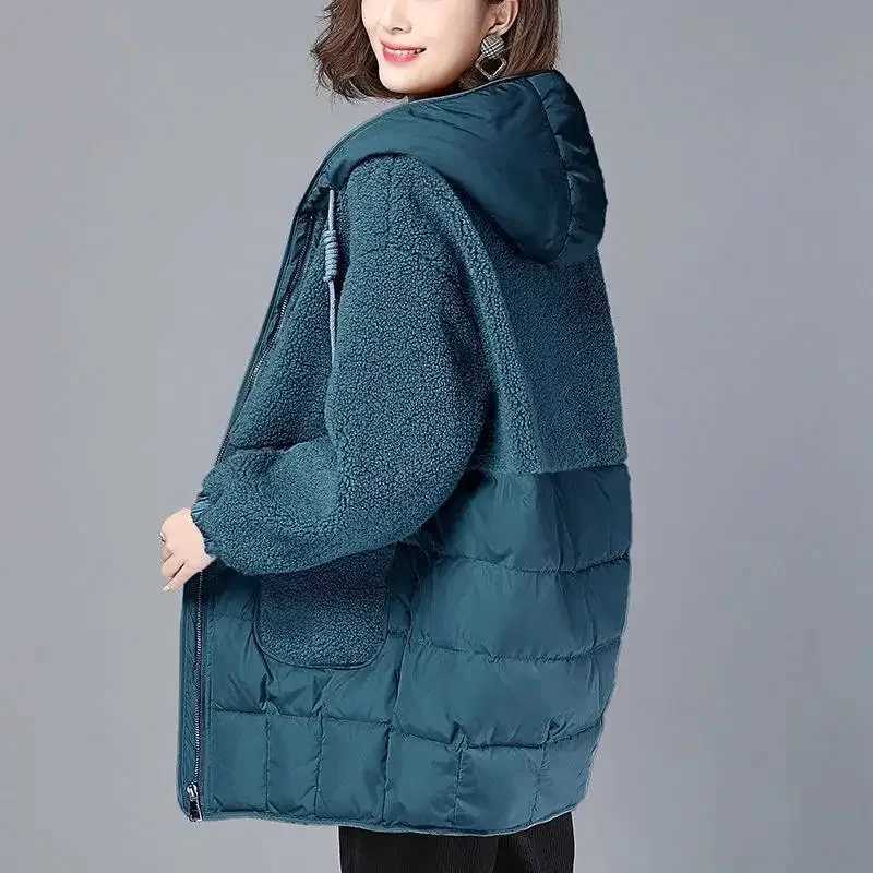 Women Padded Jackets Autumn Winter Hooded Outerwear 2024 Loose S-4XL Down Cotton Jacket Mid-Length Lamb Wool Thick Coat FemaleX241019