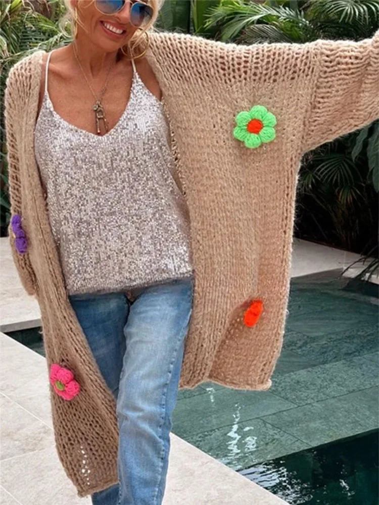 Fashion Stripe Long Cardigan Sweater Women Lantern Long Sleeve Loose Oversize Knitted Coat Autumn Lady Chic Streetwear Overcoat 241009