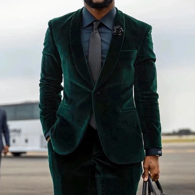 Velvet Formal Men Suits for Wedding Business Shawl Lapel Groom Tuxedo Custom Made Dark Green Male Fashion Jacket with Trousers 2024