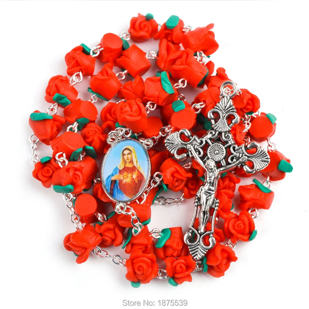 100th Anniversary Fatima Rose Pink Polymer Bead Rose Necklace 241018